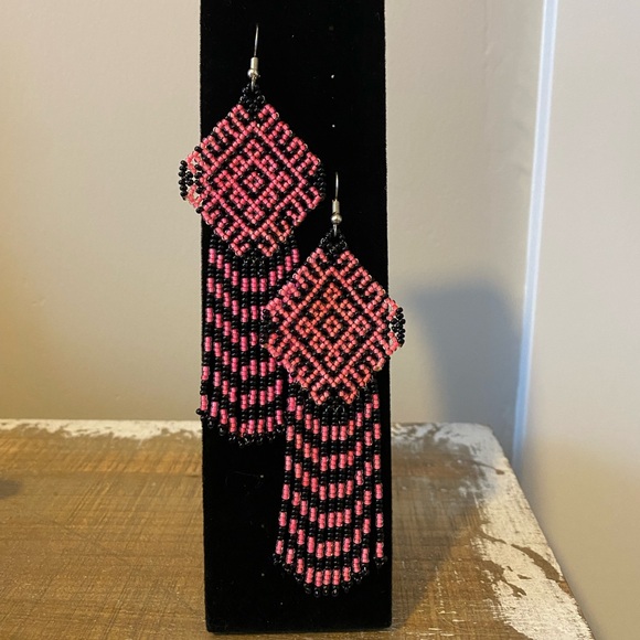 Boho Beaded Black and White Tassel Earrings - Picture 2 of 3